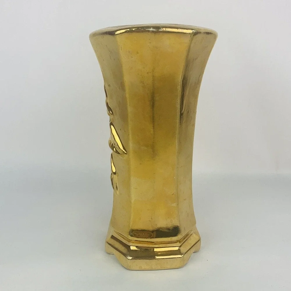 Vintage Gold Glaze Vase MCM Decor Ivy Leaf Flowers Wedding Holiday Metallic